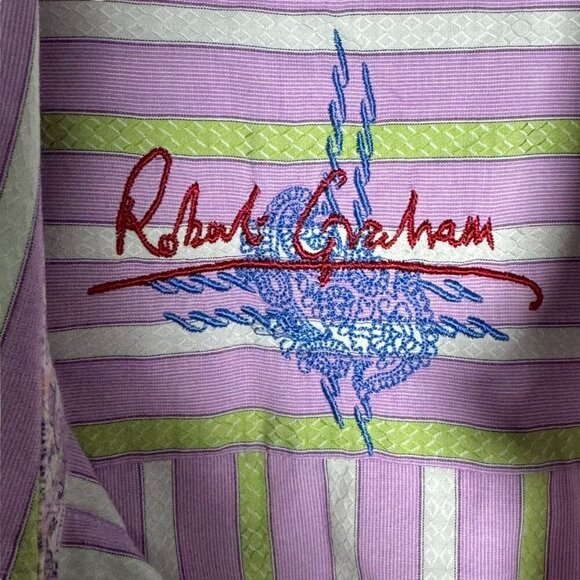 ROBERT GRAHAM Mens size Large Purple stripe dress shirt flip cuffs - Picture 4 of 13